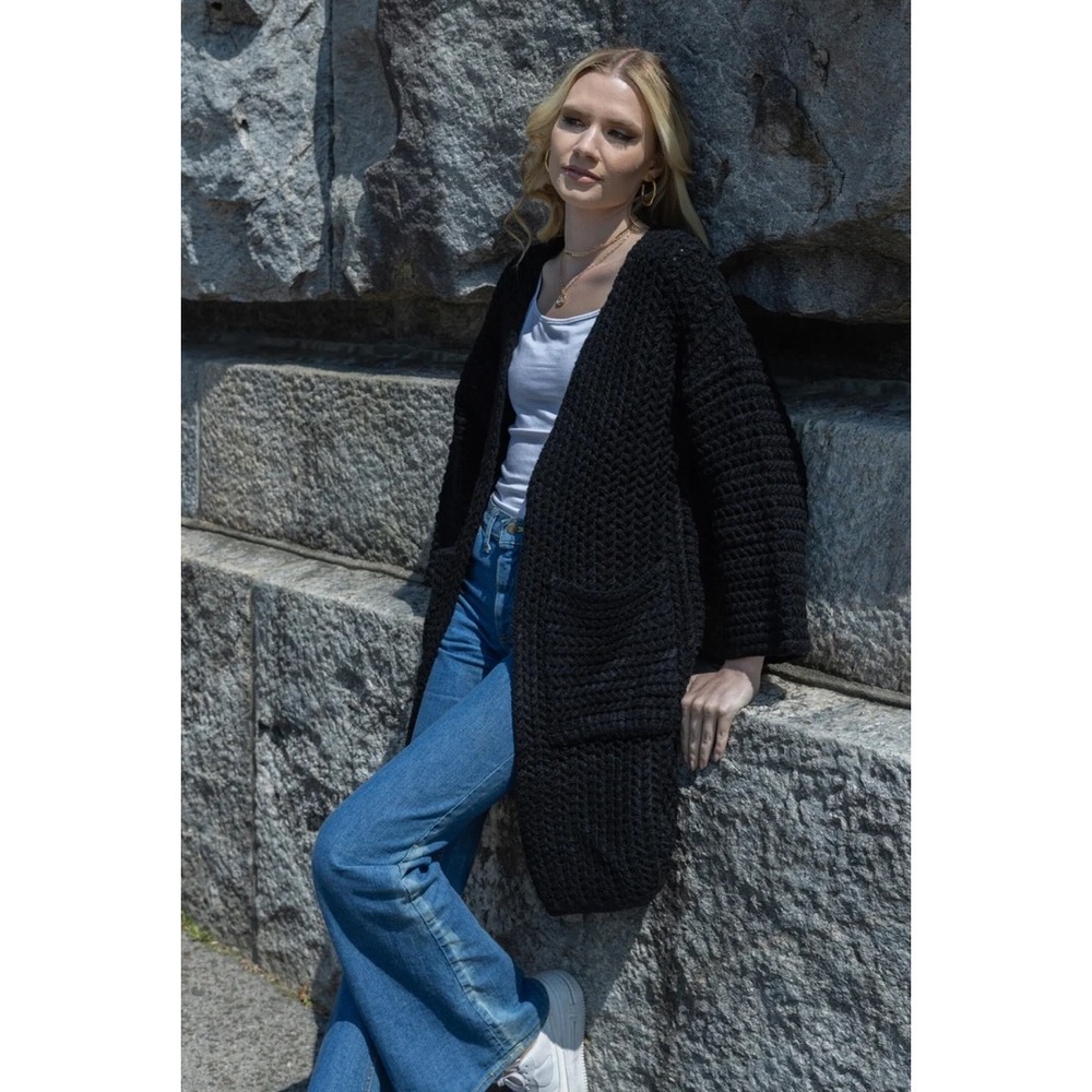 Saachi Black Long Sleeve Kimono Cable Knit Cardigan Open Front Pocket Sweater Lg